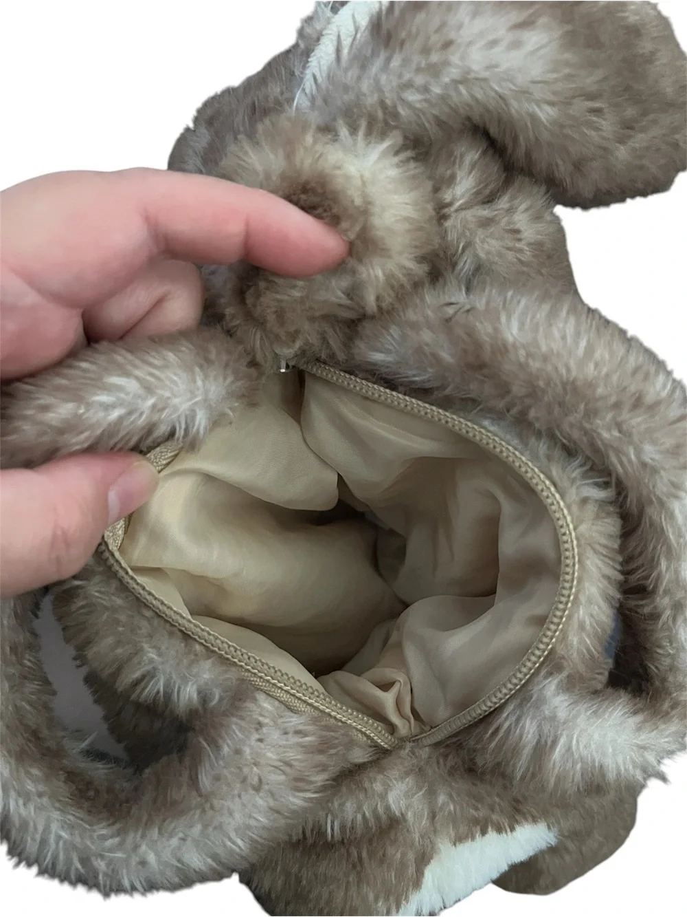 Bunny Plush Carry Handbag, Lined With Zipper, Faux Fur